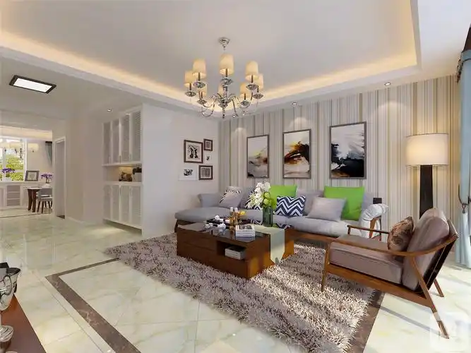 客厅采用简洁大方的设计突出色彩和材料材质的层次感,例如整墙运用