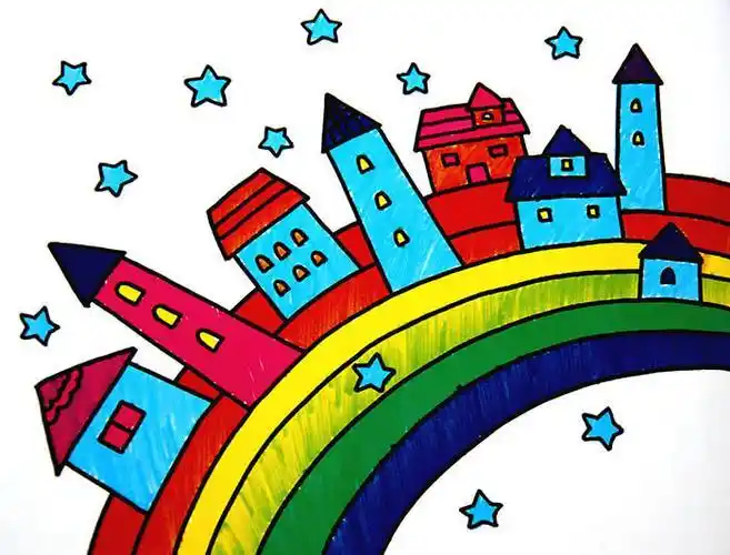 彩虹上的房子儿童画画大全简单漂亮儿童画作品基础入门儿童绘画