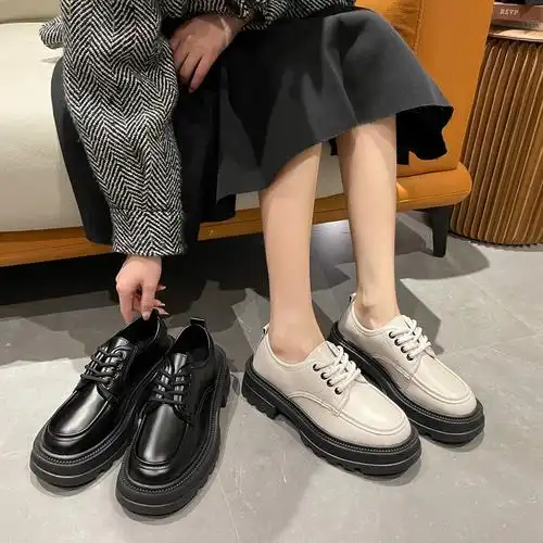 2021新款春秋英伦风圆头系带厚底乐福鞋复古粗跟小皮鞋女中跟单鞋