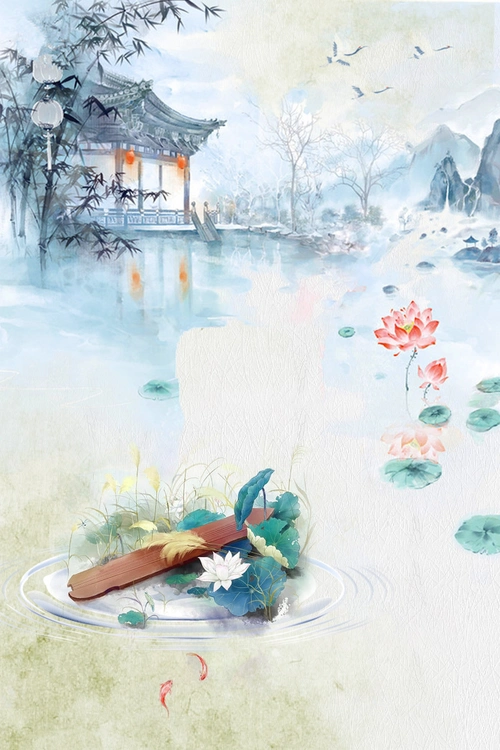 彩色手绘风景水墨荷塘荷花复古背景素材