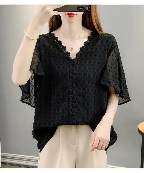 雪纺衫女蕾丝2022年夏季新款v领小清新荷叶短袖宽松加码显瘦薄款上衣