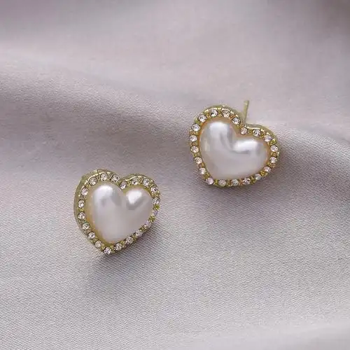 s925银针韩国经典爱心珍珠耳环2023新款潮百搭镶钻时尚女耳钉耳饰