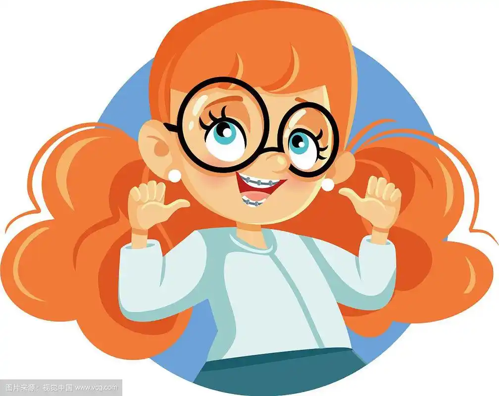 可爱的女孩戴着牙套卡通人物