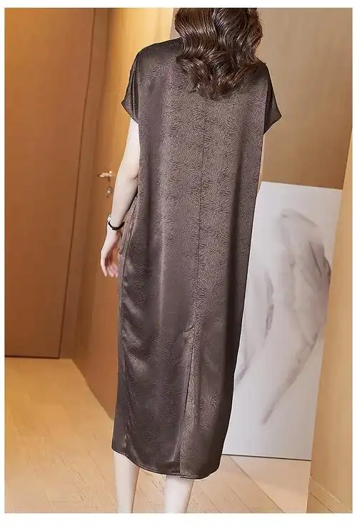 醋酸面料连衣裙女高端贵夫人大码遮肚子显瘦缎面裙子2021新款夏季