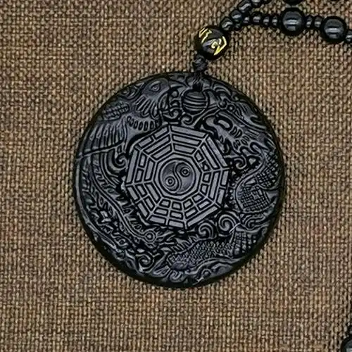 外贸跨境款黑曜石项链黑曜石龙凤八卦吊坠五行太极挂件道家风饰品