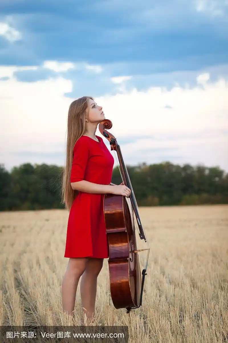 女音乐家小提琴大提琴家与大提琴在野外