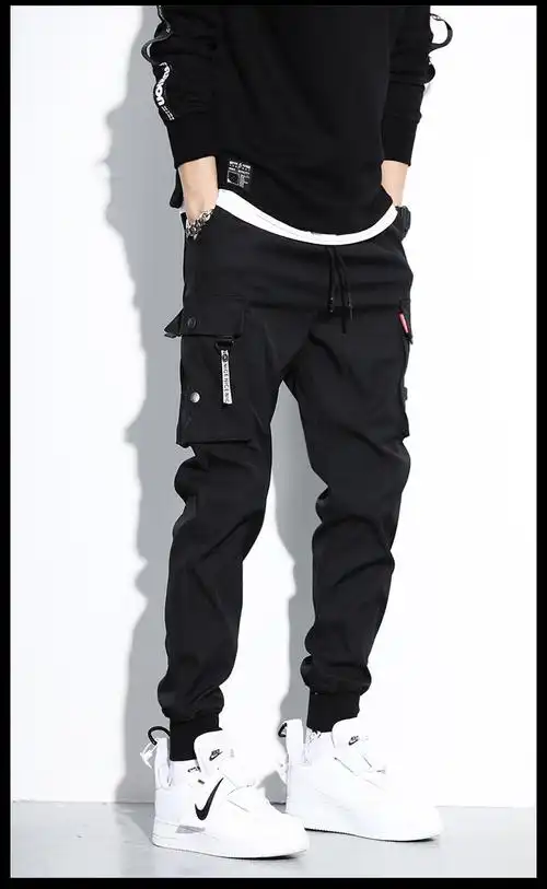 工装男新款工装裤男士潮牌ins宽松束脚裤机能黑色裤大码百搭裤子潮不