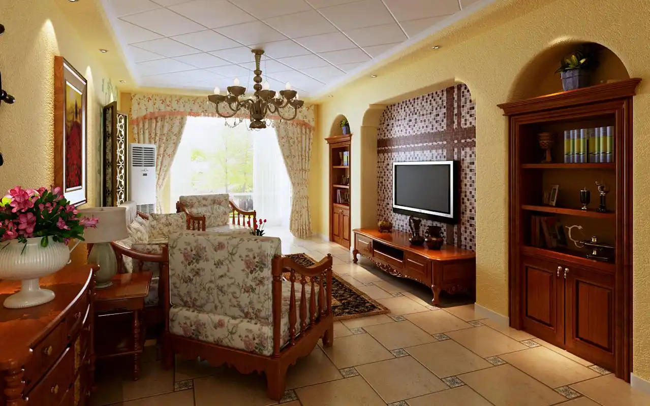 客厅电视墙连续的拱形,中间设计的马赛克造型,整体设计以黄色硅藻泥