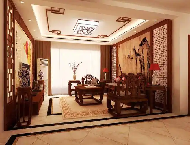 中式风格二居室客厅背景墙装修效果图