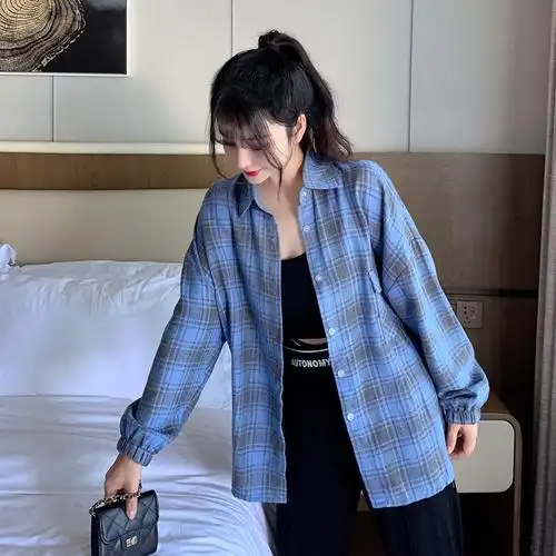 实拍 新款韩版宽松长袖格子衬衫女