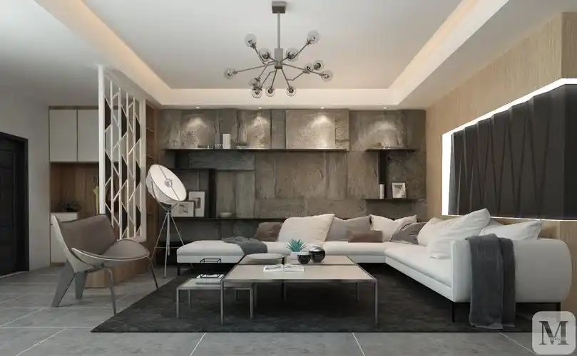 沙发墙配以凹凸感极强的灰色大理石,再加上天然木饰面的结合干净利落