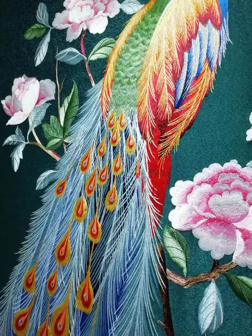 独秀孔雀玄关墙布走廊现代门厅独绣刺绣苏绣无缝墙布