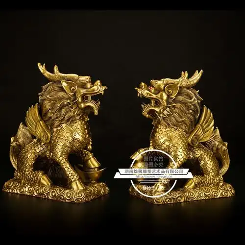 雄狮雕塑纯铜麒麟摆件乔迁开业家居商务黄铜道教工艺品