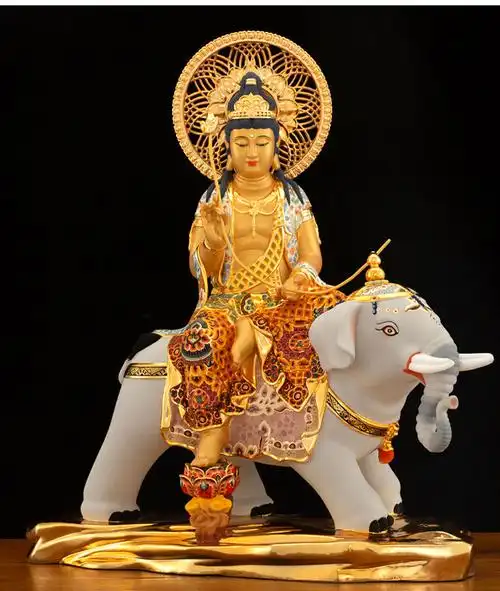 鎏金文殊普贤菩萨华严三圣家用坐骑佛像桌面中式彩绘居家摆件 普贤