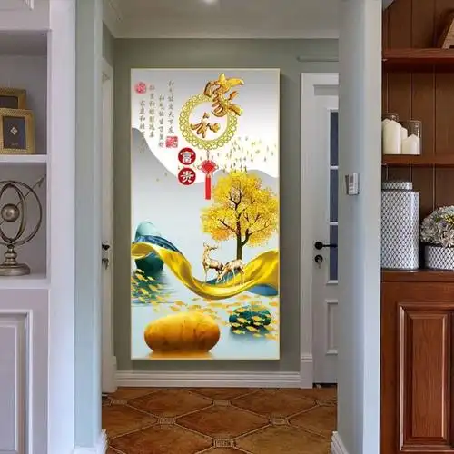 入户门正对墙挂件玄关装饰画发财麋鹿c走廊过道竖版挂画中式轻