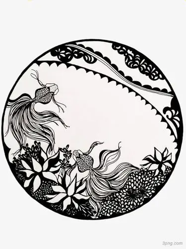 圆形黑色金鱼图案png素材透明免抠图片-装饰效果