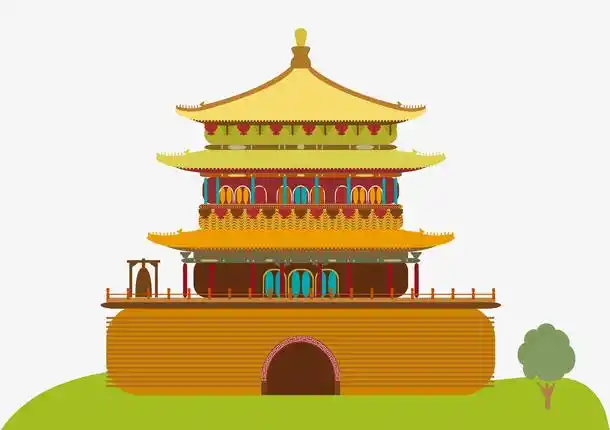 卡通手绘旅游西安钟楼设计