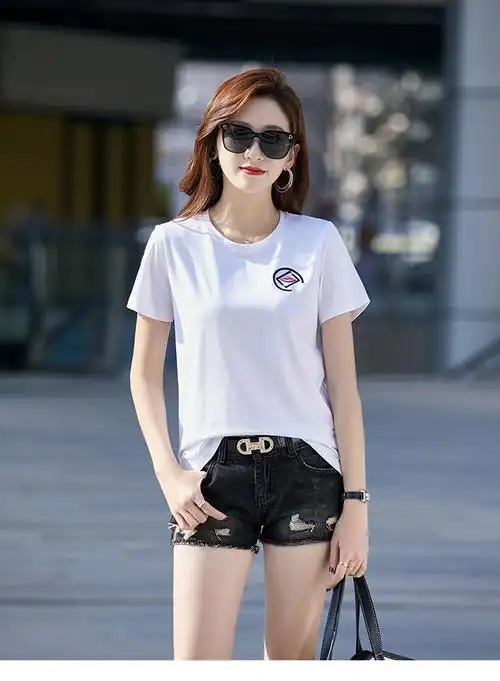 2021夏装短袖t恤女莫代尔套头半袖绣花舒适混纺棉女装时尚6932