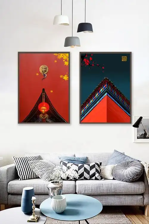 中国风复古宫廷故宫红墙二联装饰画