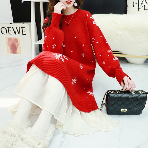 冬季红色圣诞毛衣裙子宽松雪花很仙的连衣裙配大衣过膝圆领内搭女