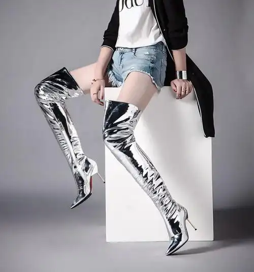 t台走秀银色镜面亮皮过膝长靴尖头高跟夜店舞台细跟长筒大码女靴