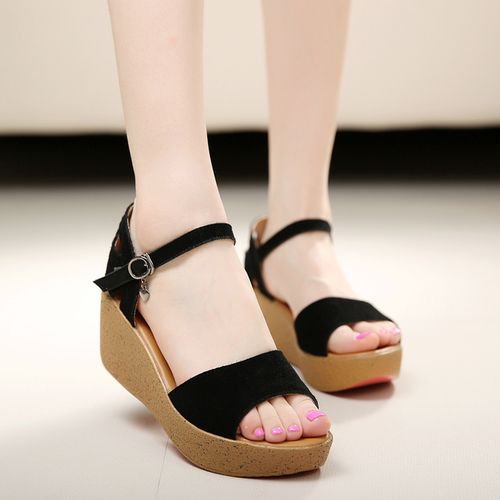 全真牛皮韩版坡跟松糕鞋女厚底罗马凉鞋2020新款女夏百搭厚底简约