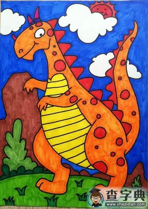 恐龙水彩笔画范画之橘红色的大恐龙1