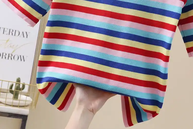 彩条彩色冰丝港风彩虹条纹薄款针织宽松短款短袖女夏t恤体恤ins潮