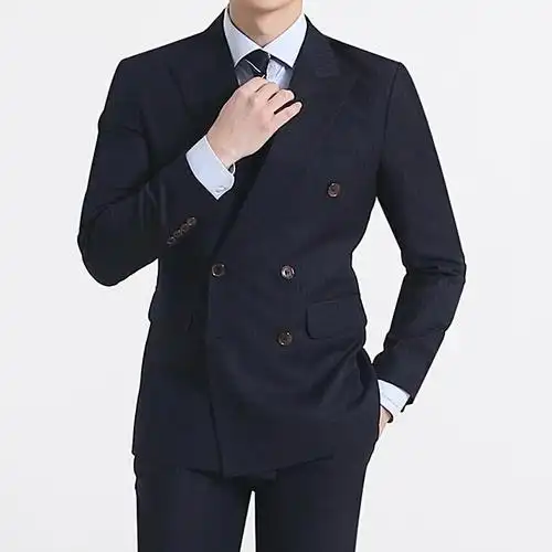 韩国男装春秋新款双排扣男套装两件套韩版修身条纹西服套装双开叉