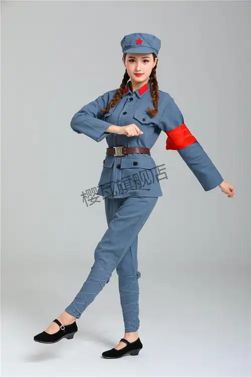 樱瓦红成人红军演出服男女八路军抗战服装儿童小红军表演服蓝灰色棉麻