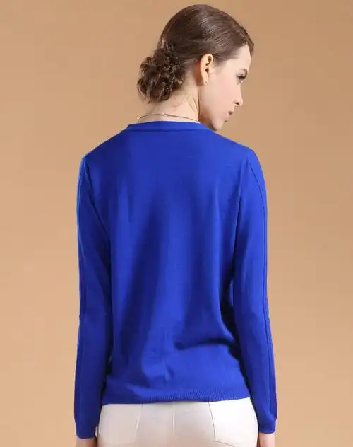 宝蓝色纯羊毛优雅气质舒适系扣针织衫