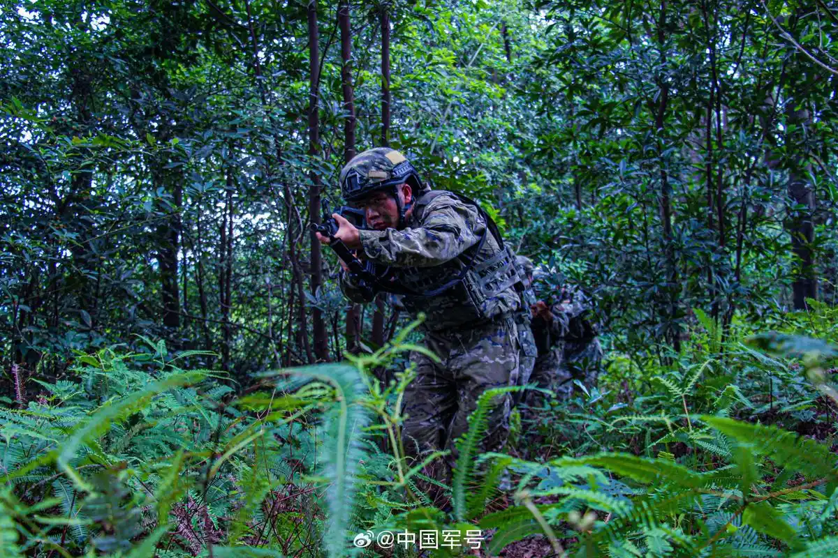 武警夏日丛林训练帅气大片#[得意]】近日,武警第二机动总队某支队