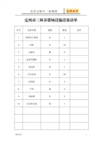 养猪场设施设备清单表格类别