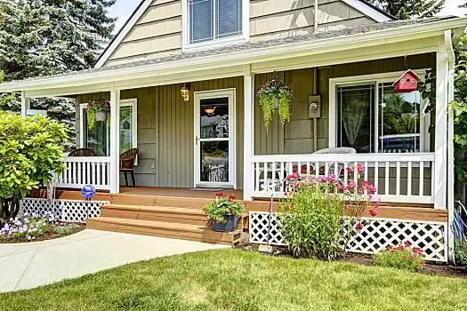 房子,舒适,入口,门廊,白色,栏杆,混合,褐色,木地板,温室,户外