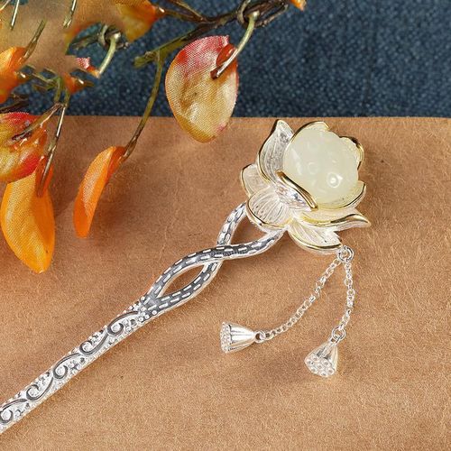 桓缘洋古风白玉莲花发簪复古典七夕情人节送女银簪子步摇流苏钗子岫玉