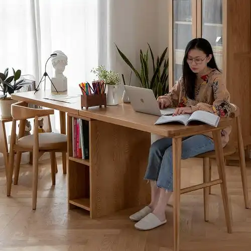 北欧全实木电脑书桌书架组合一体桌家用简约卧室一字板双人连体桌