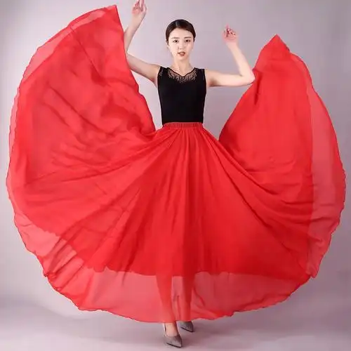 720度大摆雪纺半身裙女2024春秋冬大红新疆舞蹈裙广场舞沙滩长裙