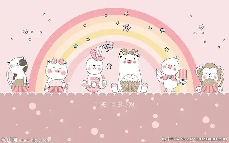 可爱卡通彩虹小动物儿童房背景墙图片
