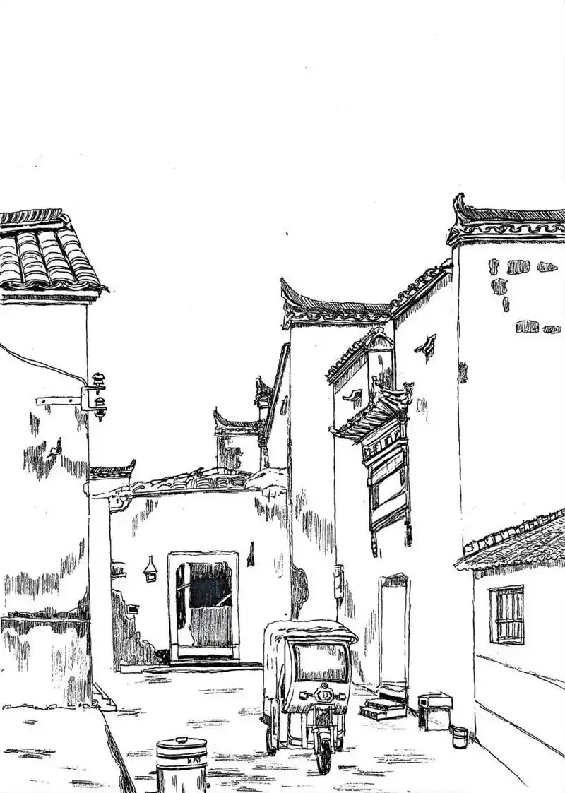 徽派建筑,钢笔写生