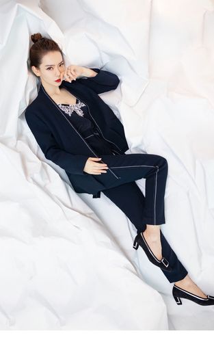 超模设计师品牌戚薇同款休闲撞色辑线西装外套锥形西装