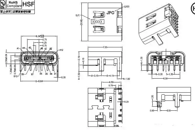 type-c全插6p母座板端type-cdip6pin高频usb2.0-c充电接口