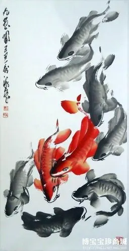 朱法鹏国画花鸟作品九鱼图