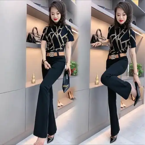 2021夏季新款网红女士高腰喇叭裤修身显瘦长裤时尚套装