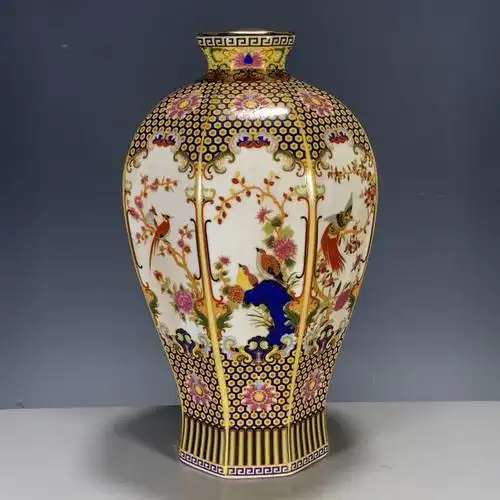 回流古玩杂项古董旧货瓷器清代雍正卢芹斋花鸟多棱梅瓶花瓶收藏品