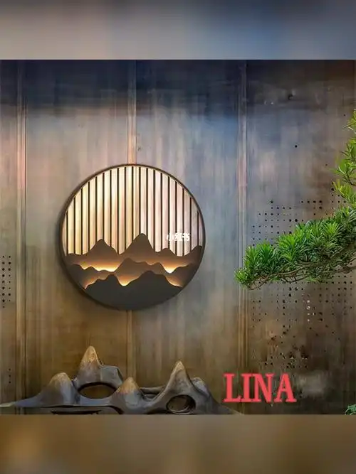 别墅庭院假山水背景墙客厅入户玄关圆形屏风隔断实物实拍分享#新中式