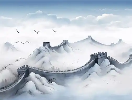 古典手绘长城古建筑风貌水墨插画