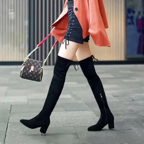 长筒尖头弹力秋季长靴子薄过膝女小辣椒过膝靴高跟粗跟冬季瘦瘦靴