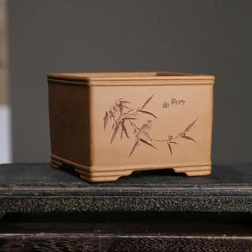 紫砂花盆正方形盆景盆刻字刻绘花鸟觅陶乡手工盆盆栽苏玲名家盆