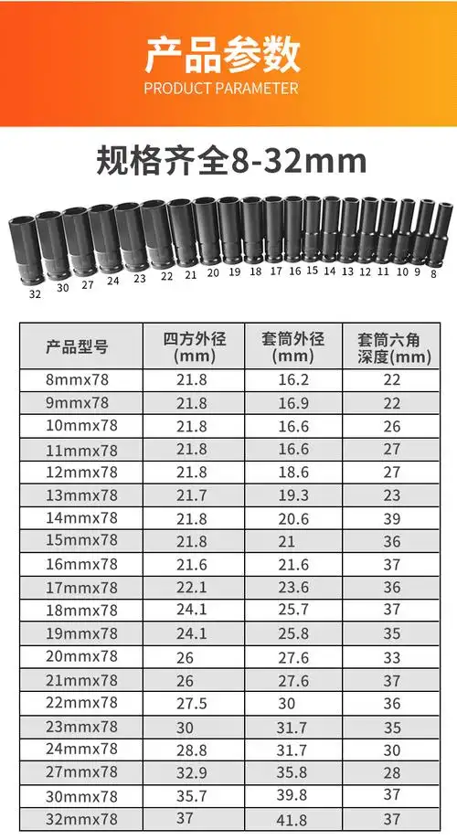 凌阳电动扳手套筒头加长型空心六角套筒扳手832mm风炮套铜工具长套头