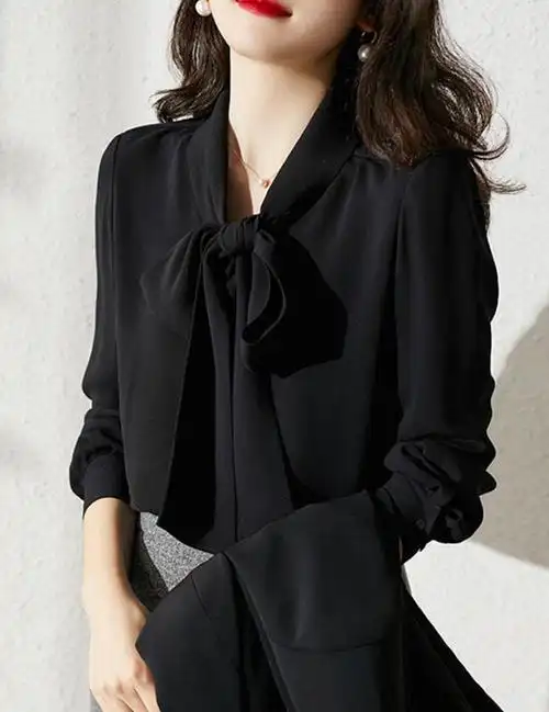 2021秋季飘带衬衣女设计感气质通勤职业衬衫长袖法式上衣,女装衬衫,幸